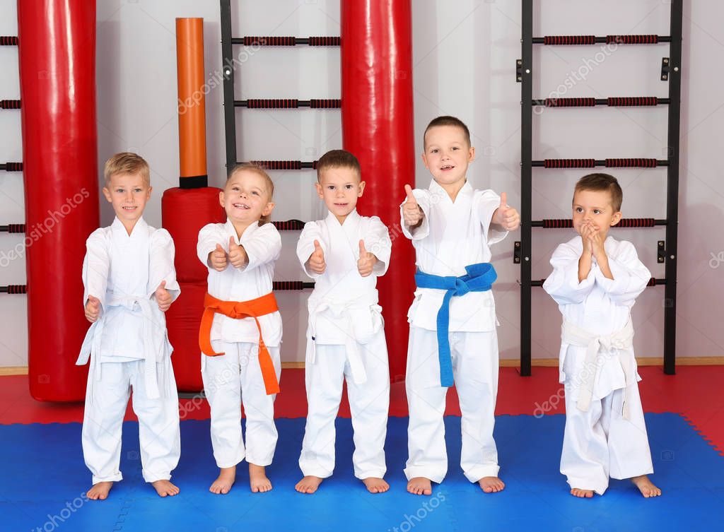 Treino de crianças em tatami de artes marciais